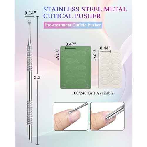 Loop Cuticle Pusher, Pre-treatment Cuticle Pusher, Stainless Steel Round Cuticle Pusher with 100#/240# Grit Nail Files and 1p Storage Bags, For Salon & Home Use