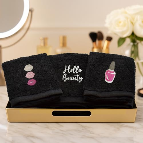 RIVERSIDE Black Makeup Towels - Pack of 6 (13x13) Soft Cotton Makeup Washcloths for Face - Reusable, Quick-Dry Makeup Remover Towels for Bathroom, Spa & Salon - Gentle on Skin - Hello Beauty