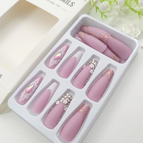 French Tip Press on Nails Long Coffin Fake Nails Flowers Glue on Nails Light Purple Full Cover Acrylic Nails Matte False Nails with Rhinestones Designs Glitter & Cute Stick on Nails for Women 24Pcs