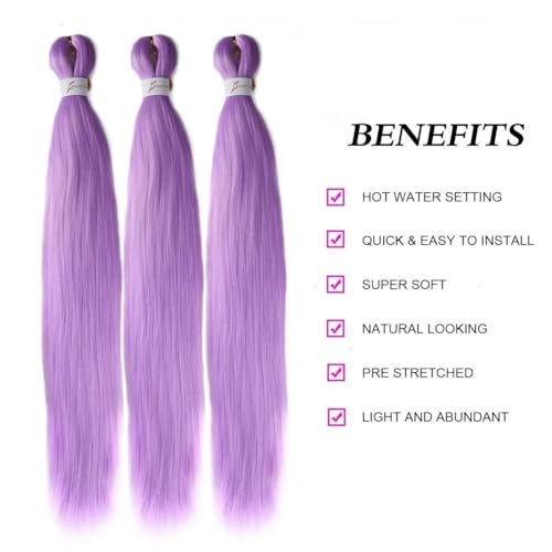 CANELIA Light Purple Pre-Stretched Braiding Hair 26 Inch 3 Pack for Box & Twist Braid Extensions