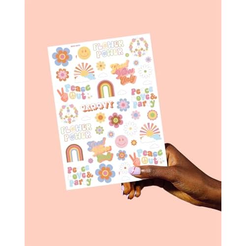xo, Fetti Groovy 70s Temporary Tattoos - 48 Glitter Styles | Flower Power Birthday Party Supplies, Good Vibes Only Favors, Smiley, Rainbow Arts and Crafts