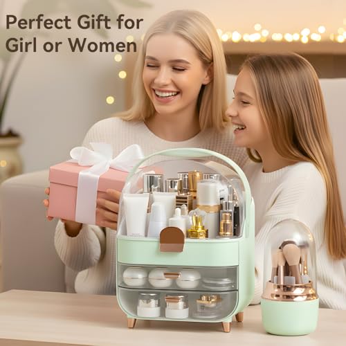 Large Capacity Makeup Organizer with Brush Holder & 2 Drawers - Green