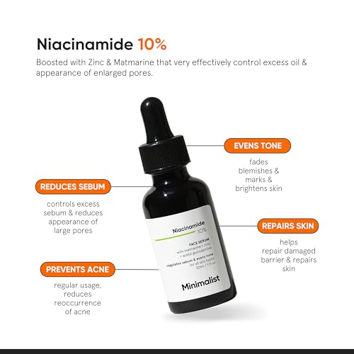 Minimalist Niacinamide 10% + 1% Zinc Face Serum | Reduces Pores, Acne Marks & Oil | Reduces Blemishes for Even Skin Tone | For Women & Men | 1 Fl Oz / 30 ml