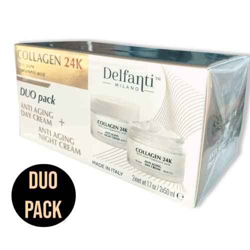 Delfanti ? COLLAGEN 24K ? Anti-Aging DUO pack ? Day Cream jar PLUS Night Cream jar? Face, Neck and D?collet? Moisturizers with pure Hyaluronic Acid ? Made in Italy