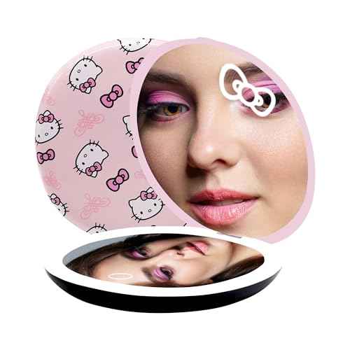 Impressions Vanity Hello Kitty Supercute Signature Compact Mirror with Light, Travel Makeup Mirror with 3X Magnification and Daylight LED Lighting and Adjustable Brightness (Pink)