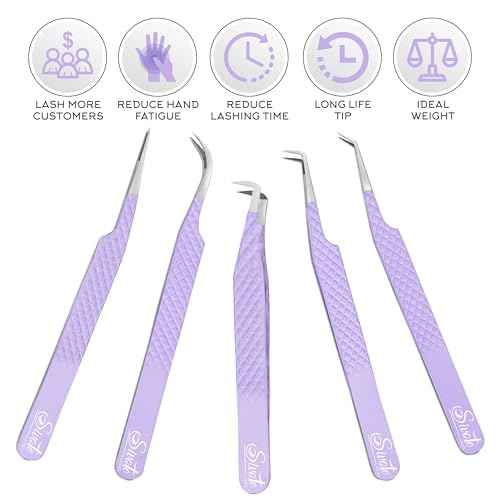 SIVOTE Lash Tweezers for Eyelash Extensions, Pack of 5 Purple ? Lash Extension Tweezers Set with Diamond Grip, Precision Fiber Tip for Volume Eyelash Extensions