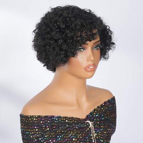 SUPERNOVA Black 04 Pixie Cut Curly Wig 6 Inch Human Hair Side Part, Glueless, Natural Style