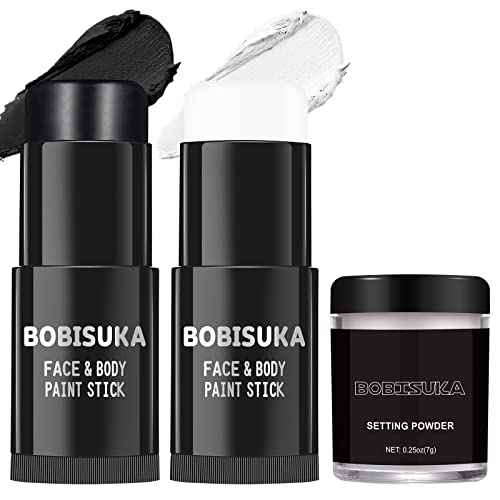 BOBISUKA Black White Face Paint Stick with Setting Powder Set, Eye Black Sticks for Sports, Body Paints for Clown Skeleton Vampire Skull Cosplay Special Effects Costume SFX Halloween Makeup Kit