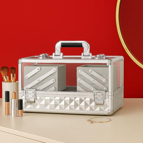 Ver Beauty Silver Diamond Makeup Train Case with 6 Accordion Trays ? Lockable Cosmetic Organizer with Spacious Interior & Clear Acrylic Top