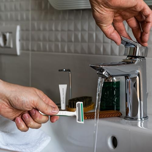 50 Pack Shave kit in Bulk 3 Blades Shave Disposable Razor with Protective Cap 12g Cream Individually Wrapped Paper Box for Hotel,Airbnb, Homeless,Shelter Camping Travel On The Go