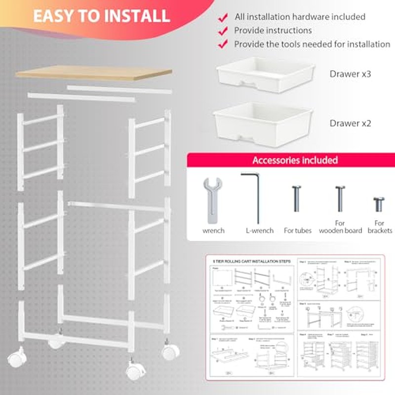 Goovilla 5-Tier Rolling Cart with Lockable Drawers & Wooden Top