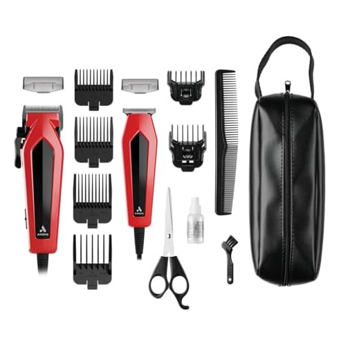 Andis 562940 Ultra Clip Corded Clipper & Trimmer 15-PieceHair Cutting Combo Kit, Stainless Steel Blades, Power Pivot Motor, Whisper Quiet, Hanger Loop, Red