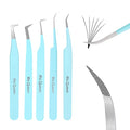 Ms.Queen Lash Tweezers for Eyelash Extensions,Professional 5Pcs Fiber Tip Curved Isolation 45 90 Degree Boot Volume Lash Tweezers for Extensions, Blue