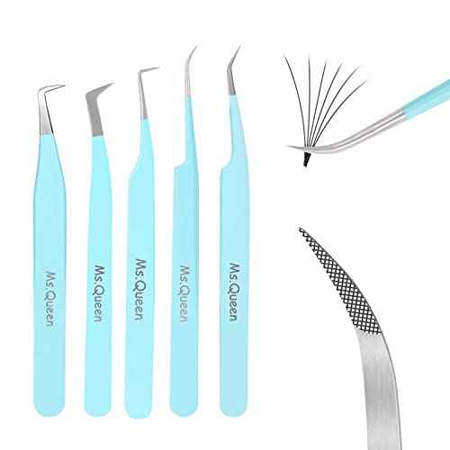 Ms.Queen Lash Tweezers for Eyelash Extensions,Professional 5Pcs Fiber Tip Curved Isolation 45 90 Degree Boot Volume Lash Tweezers for Extensions, Blue