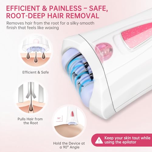 Epilators Hair Removal for Women with LED Light, 2026 New Cordless Electric Tweezers Hair Removal Device for Face, Painless Smooth Glide Epilator for Face/Arm/Bikini Area/Legs/Underarm (Pink)