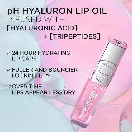 L'Oreal Paris Plump Ambition pH Hyaluron Lip Oil, Color Shifting Lip Tint with 24HR Hydration, Volumizing Shine and Lasting Color, 050 pH Lilac