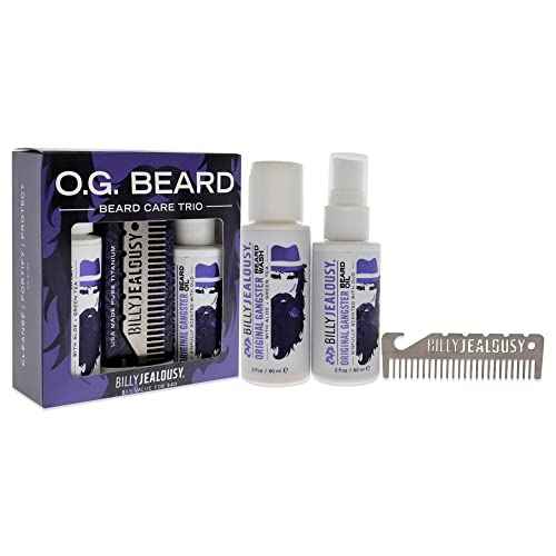 Billy Jealousy Original Gangster Beard Kit with Trave Size Beard Wash, Oil and Titanium Keychain Comb to Cleanse, Stengthen & Soften Facial Hair, Oud Wood Scent