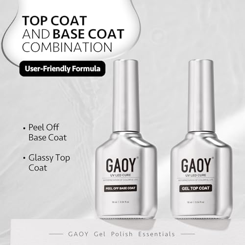 GAOY Gel Top Coat and Peel Off Base Coat Set, 16ml 2 Pcs Clear No Wipe Finish and Peelable Foundation Combination for UV Light Gel Nail Polish