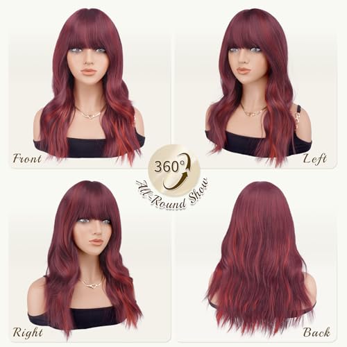 Red Wavy Wig with Bangs - 19 Inch Heat Resistant Synthetic