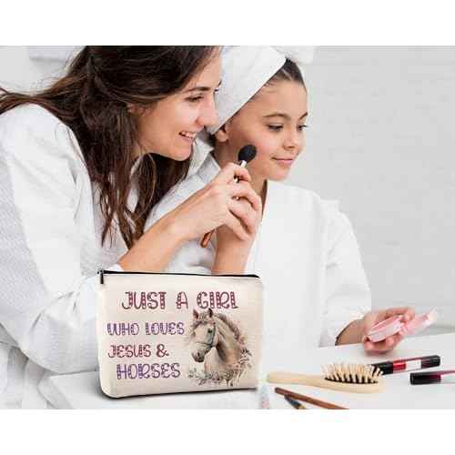 KDQUA Horse Lovers Makeup Bag, Just a Girl Who Loves Horses, Funny Cowgirl Equestrian Gifts - Linen Cosmetic Bag Zipper Pouch Travel Toiletry Bag