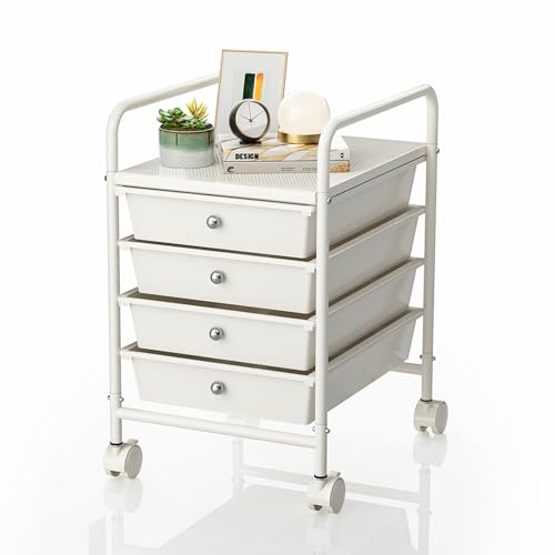 Shrivee White 4-Tier Utility Cart with 4 Drawers, Lockable Casters, Multipurpose Mobile Storage