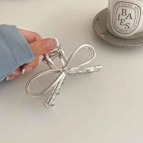 1Pcs Metal Silver Bow Hair Claw Clips - Large Fashion Hair Accessories for Women Girls, Strong Hold Alloy Elegant Jaw Grip Clips for Thin or Thick Hair Styling