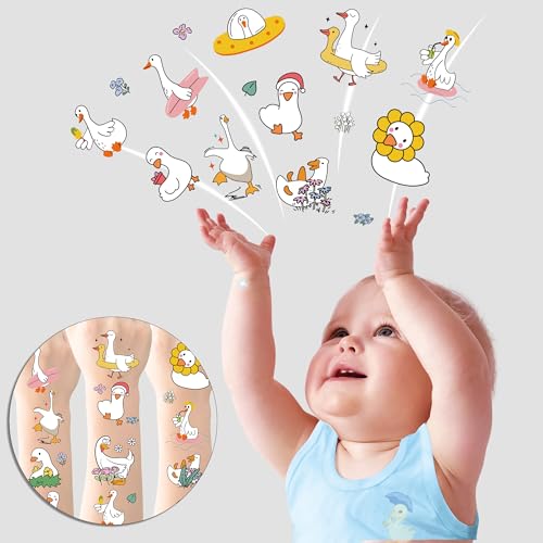 Silly Duck Temporary Tattoos Kids - 160+ Pcs Funny Goose Tattoo Party Decorations Fake Temp Stickers One Goose Birthday Decor for Kids Baby Boys Girls Geese Animals Duck Theme Gifts Supplies Favors
