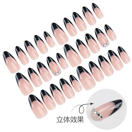 Black French Tip Press On Nails Medium Almond 24Pcs
