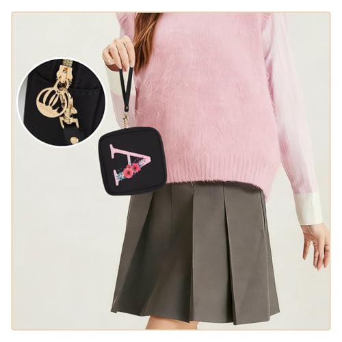 Relavel Initial Mini Makeup Bag for Girls, Small Makeup Bag for Purse with Zipper £¦ Removable Handle, Portable Makeup Pouch Lipstick Skincare Bag, Small Gift Cosmetic Bags for Women Girls(Black T)