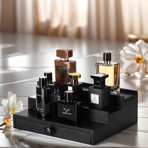 Black Wooden Cologne Organizer for Men - 3 Tier Wooden Perfume Display Stand with Drawer and Hidden Compartment for Organizing and Storing, Cologne Holder Shelf for Dresser