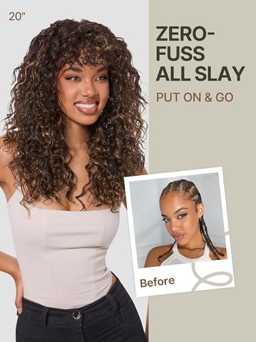 Frodio Bouncy Curly Wig with Bangs – 20 Inch Brown Glueless Headband Wig for Women
