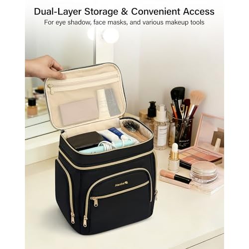 Hanke Large Toiletry Bag for Women Travel, Double Layer Organizer with Wide Opening for Full-Size Cosmetics & Toiletries, 12.2L Water-Resistant Makeup Bag,Black