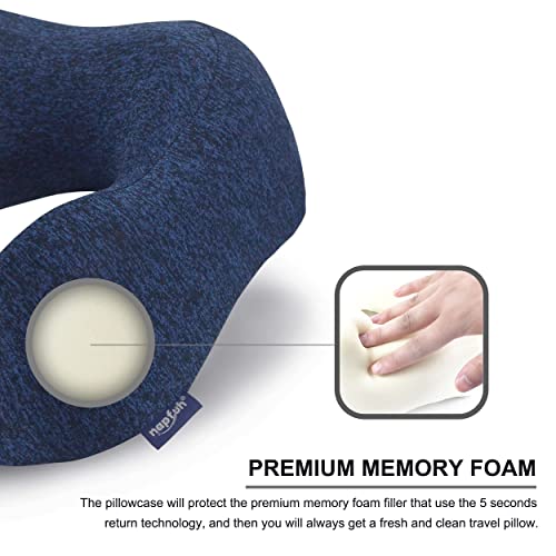 napfun Neck Pillow for Traveling, Upgraded Travel Neck Pillow for Airplane 100% Pure Memory Foam Travel Pillow for Flight Headrest Sleep, Portable Plane Accessories, Full Dark Blue, Medium (120-200LB)