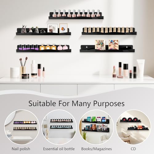 6 Pack Wall Mounted Acrylic Nail Polish Organizer Rack 15 Inch Black Nail Polish Shelf with Removable Ends Multi-Purpose Shelf for Essential Oils Cosmetics Storage Display for Salon Bathroom
