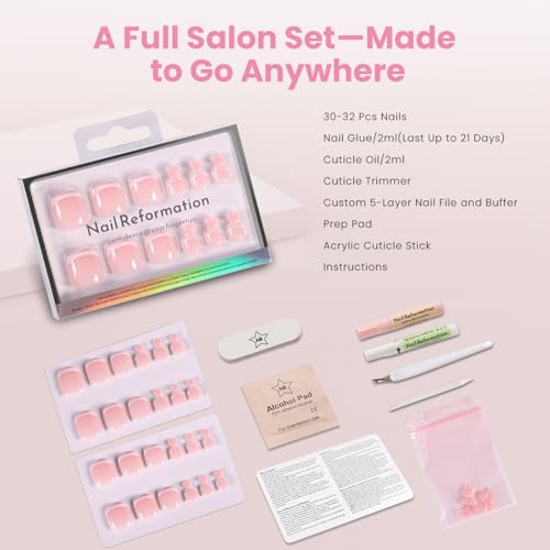 Ballet Pink Press-On Toenails Kit - 32 Pcs with French Tips