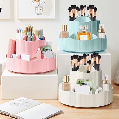 DASITON 360¡Æ Rotating Makeup Brush Holder Organizer,Large Capacity Makeup Organizer Countertop,11 Slots Makeup Brush Holder,Cosmetic Organizer,Cosmetic Display Cases for Vanity,Desktop,Bathroom(Pink)