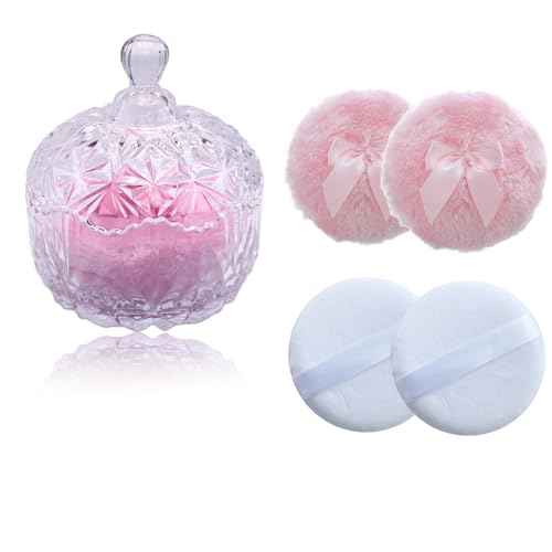 5 Pieces Large Body Powder Puff and Powder Container, Crystal Case for Dust Puff, Powder applicator with Box for Face and Body (Clear, Crown)