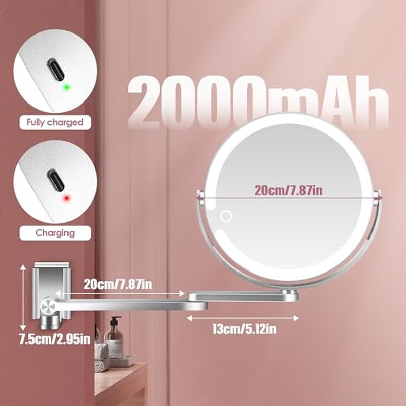 1X/20X Rechargeable Wall Mounted Lighted Makeup Mirror, 8" Magnifying Mirror with 3 Color Dimmable Lights for Bathroom, Built in 2000mAh Battery, 360¡Æ Rotation Vanity Mirror Extendable Arm