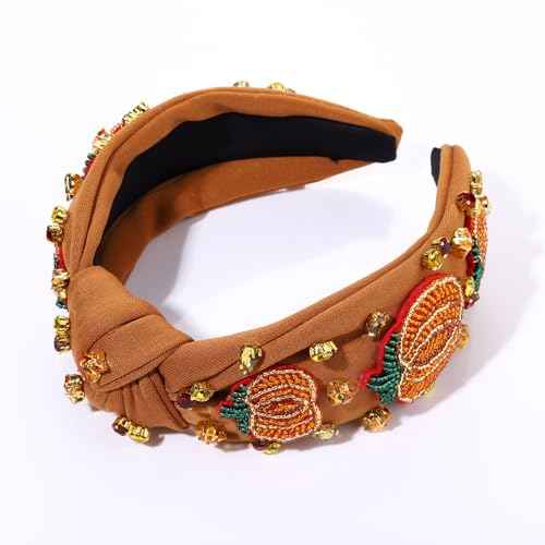 Thanksgiving Fall Headband for Women Thanksgiving Accessories Beaded Turkey Maple Leaf Pumpkin Knotted Headband Embellished Jeweled Rhinestone Pearl Top Knot Hairband Autumn Fall Outfit Holiday Gifts