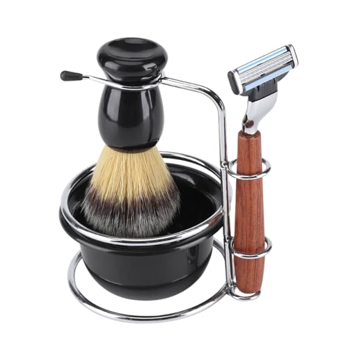 Goick Wet Shaving Kit, 4-Piece Manual Safety Razor with Badger Hair Brush, Stainless Steel Stand and Lathering Bowl Set, Premium Men's Grooming and Gift Set