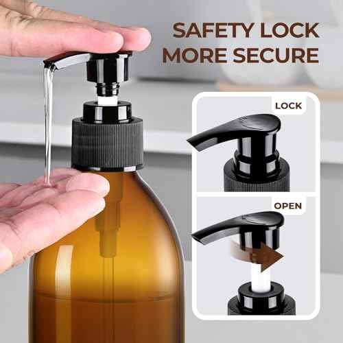 Amber Glass Soap Dispenser with Pump 16 oz, Homepicker Hand and Dish Soap Dispenser Set for Body Oil, Brown Glass Bottles with 1 Extra Pump Tops, Black Caps, Labels (2 Pack)
