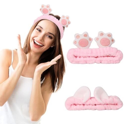 NENMATTE Cat Ears Spa Headband Plush Cat Paw Makeup Headband for Women Girl,Fluffy Wash Face Hair Bands Cartoon Cute Headbands 2 Pcs Microfiber Soft Coral Fleece Skincare Hair Bands…