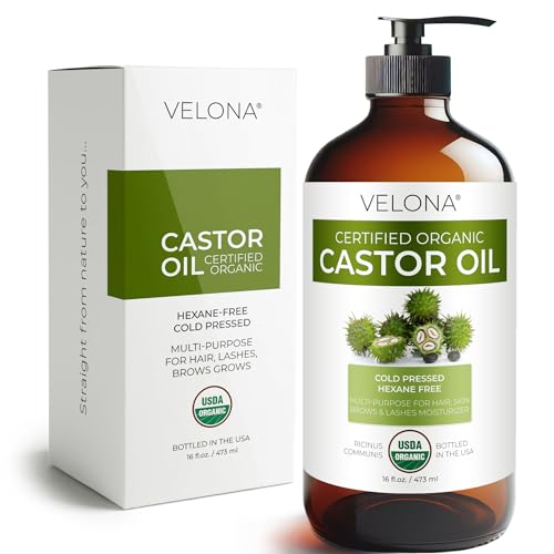 velona USDA Certified Organic Castor Oil ? 16 fl oz in Glass Bottle | Cold-Pressed, Hexane-Free, USP Grade | Promotes Hair Growth, Eyelash & Eyebrow Enhancement | Bottled in USA