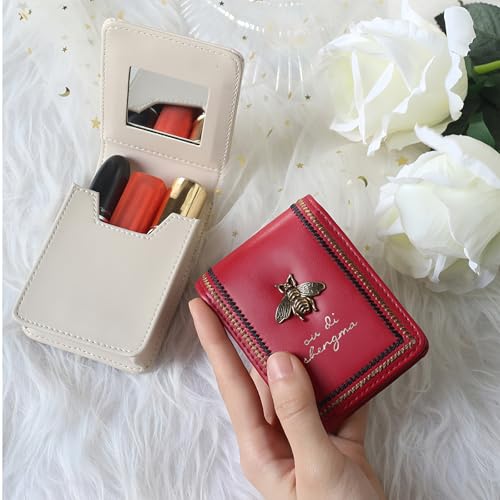 Leather Lipstick Case with Mirror – Compact Travel Cosmetic Pouch