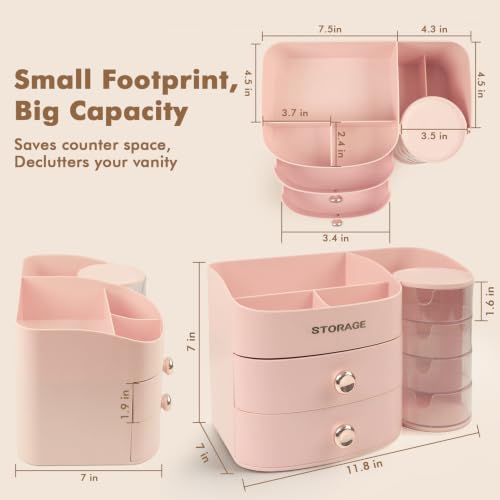 XIAPIA Pink Makeup Organizer for Vanity, 11-Compartment Countertop Storage
