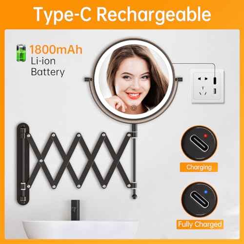 Rechargeable Wall Mounted Lighted Makeup Mirror, 1X/10X Magnifying Mirror with 3 Light Settings, 8 Inch 360¡Æ Swivel Extendable Bathroom Mirror, Double Sided Telescoping Vanity Mirror - Antique Bronze