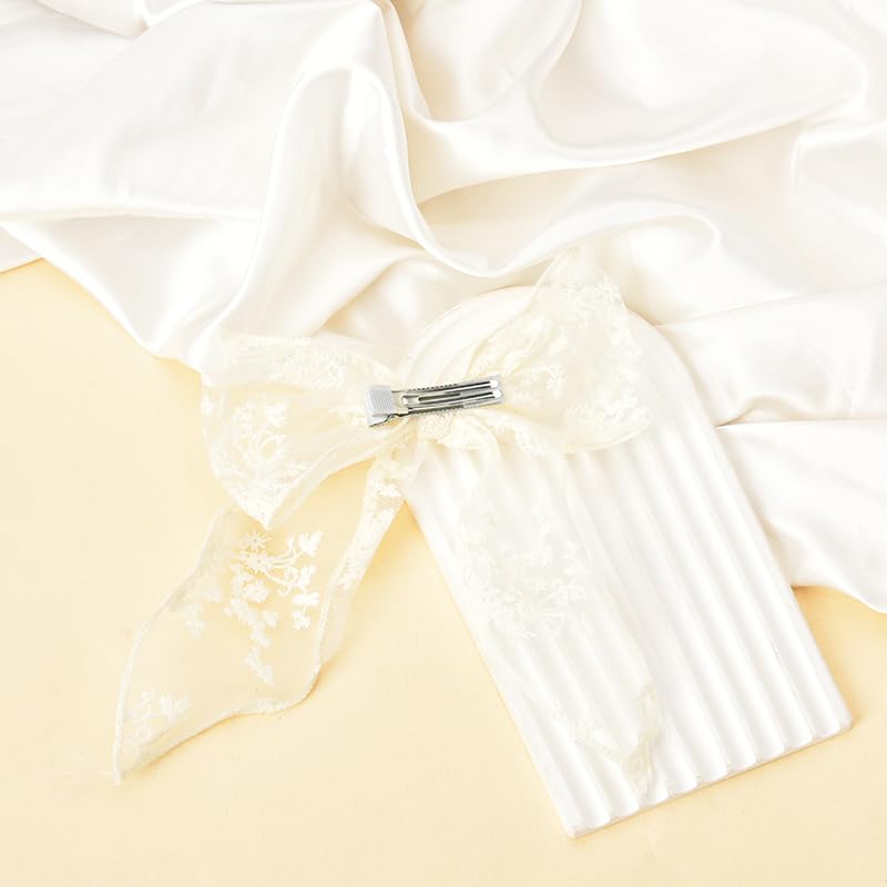 Bow Hair Clips White Lace Hair Bows for Women Girls Bowknot Hair Clip Hair Bow Barrettes Hairclips for Women Styling Large Hair Bow Clips Lace Hair Accessories for Brides Bow Knot Decor Hair Clip