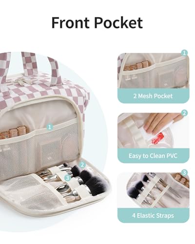 Narwey Large Travel Toiletry Bag for Women Dusty Pink Checkerboard