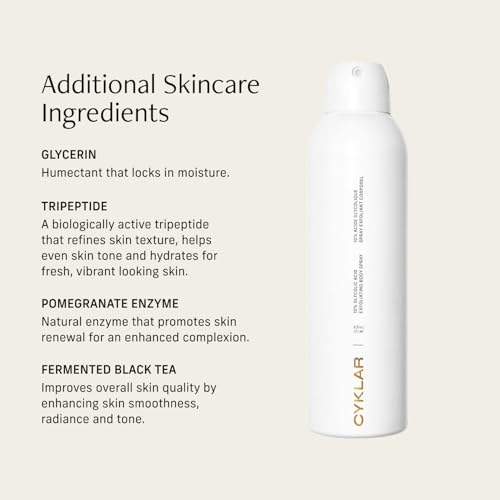 Cyklar Glycolic Acid Exfoliating Body Spray ? 10% AHA Toner for Face & Body. Skin-Smoothing Spray with Peptides & Enzymes ? Fragrance-Free, 6 fl oz