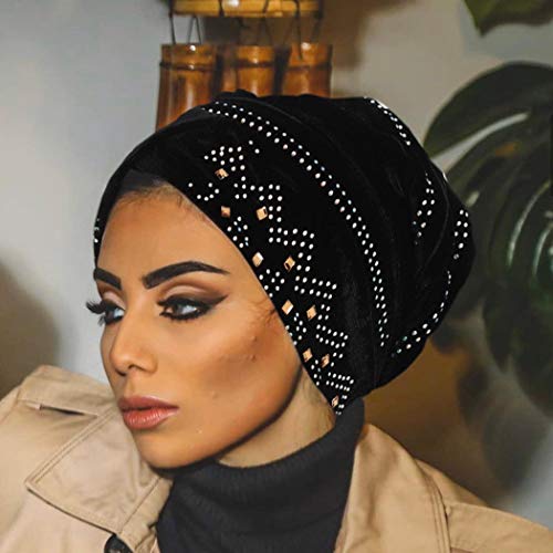 Bohend Vintage Rhinestone Turban Sleep Headwrap Wide Sparkly Sleep Turban Headband Crystal Muslim Hat Headwear Beanie Pre-Tied Bonnet Velvet Hat Cap Hair Wrap for Women and Girls (Black)